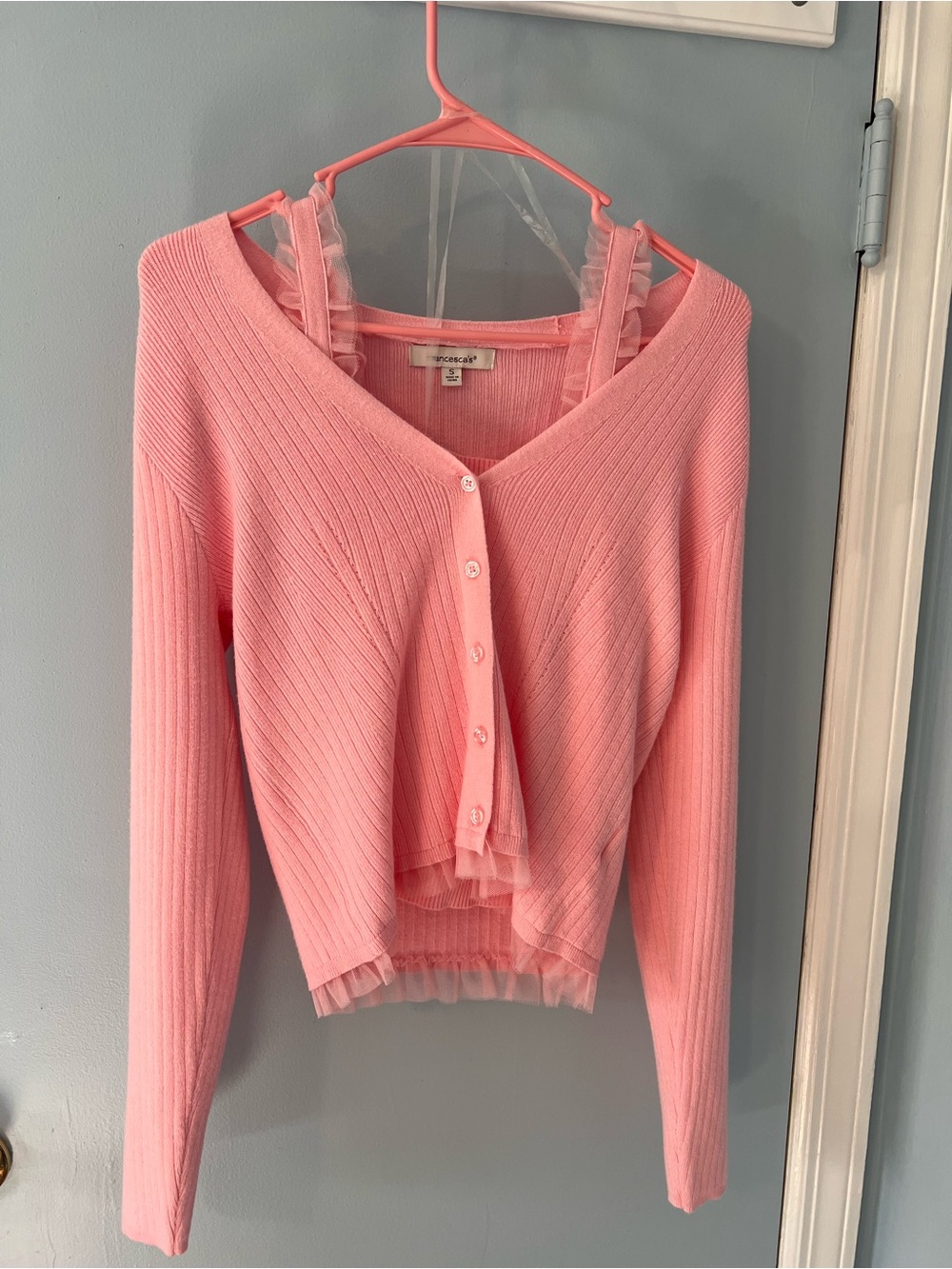 Francesca's Collections Pink Ribbed V-Neck Button Cardigan with Ruffle Trim